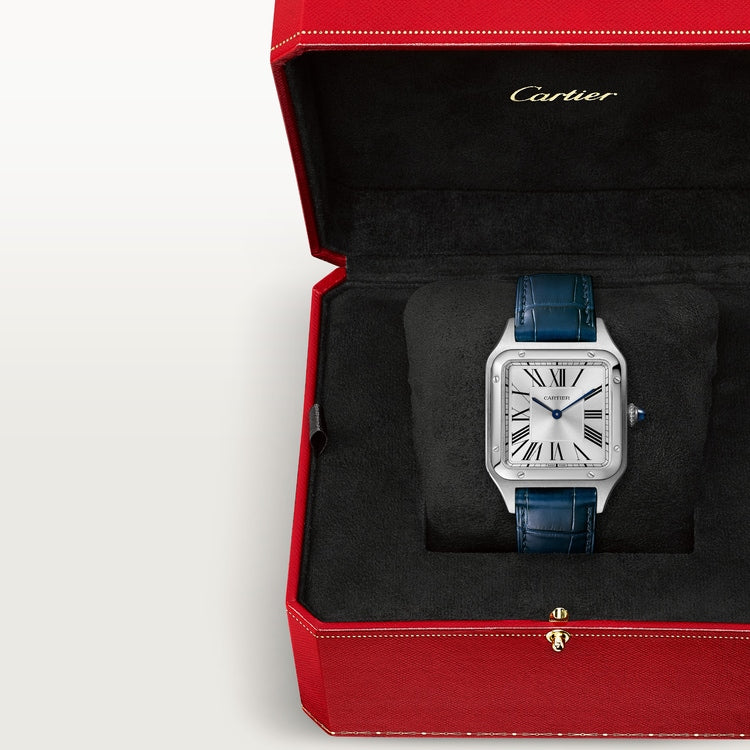 Cartier Santos 43.5 x 31.4mm Quartz silver Dial Blue Alligator and Leather Strap Watch
