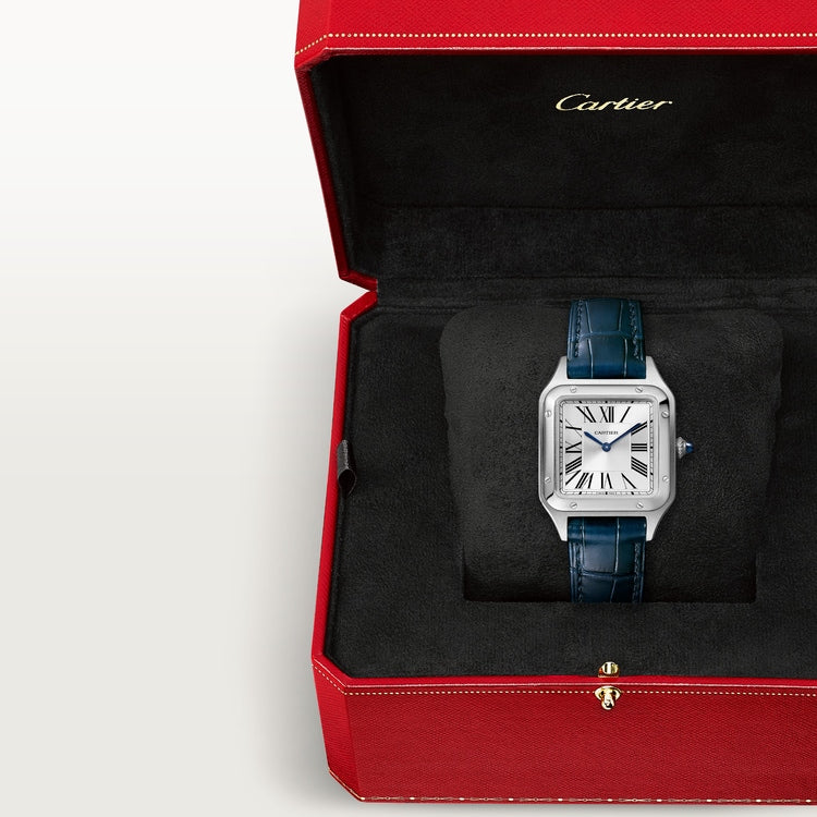 Cartier Santos 38.0 x 27.5mm Quartz silver Dial Blue Alligator and Leather Strap Watch