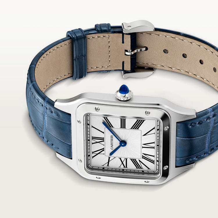 Cartier Santos 43.5 x 31.4mm Quartz silver Dial Blue Alligator and Leather Strap Watch