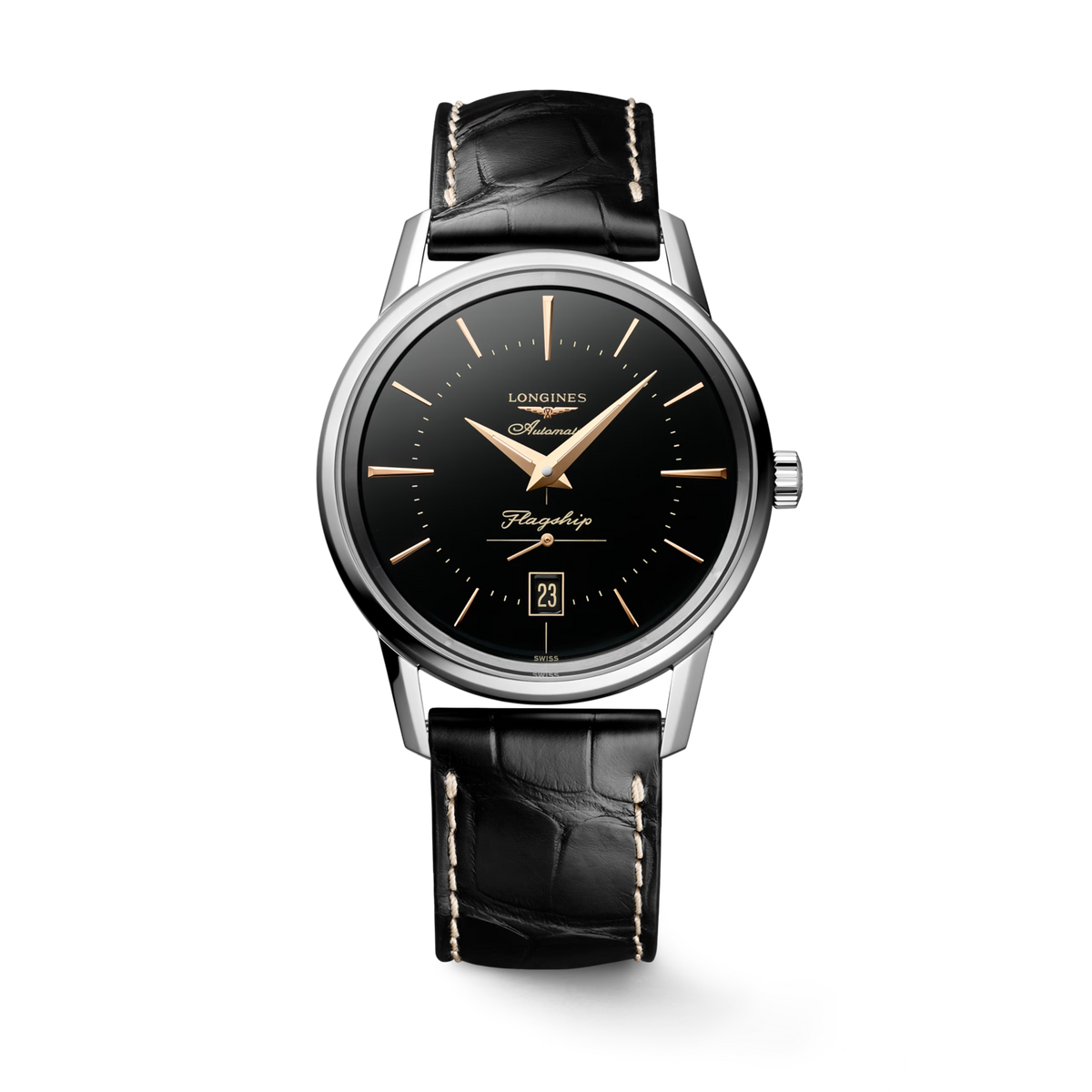 Longines Flagship Heritage 38.50mm Automatic Black Dial Black Alligator Strap Watch