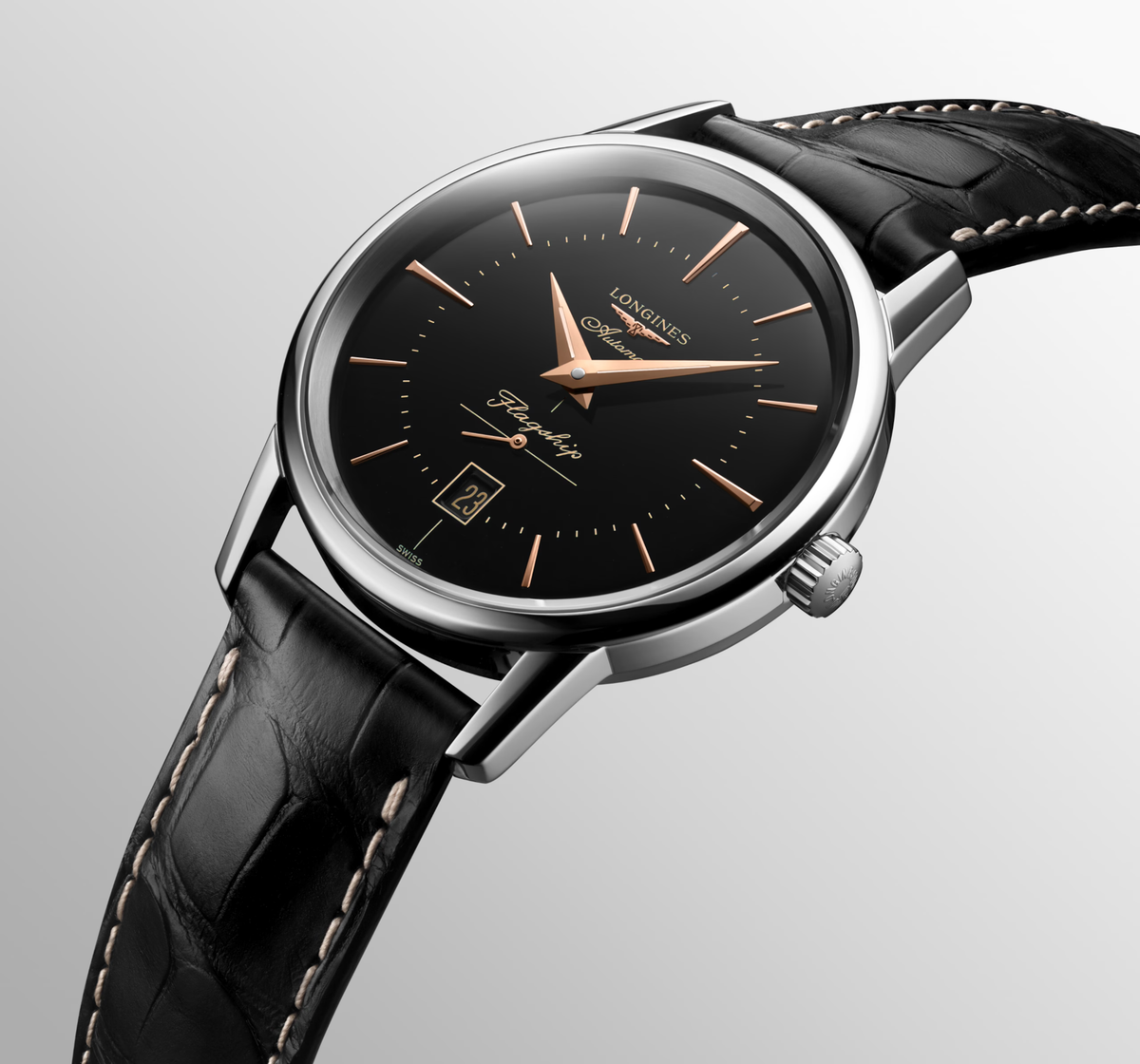 Longines Flagship Heritage 38.50mm Automatic Black Dial Black Alligator Strap Watch