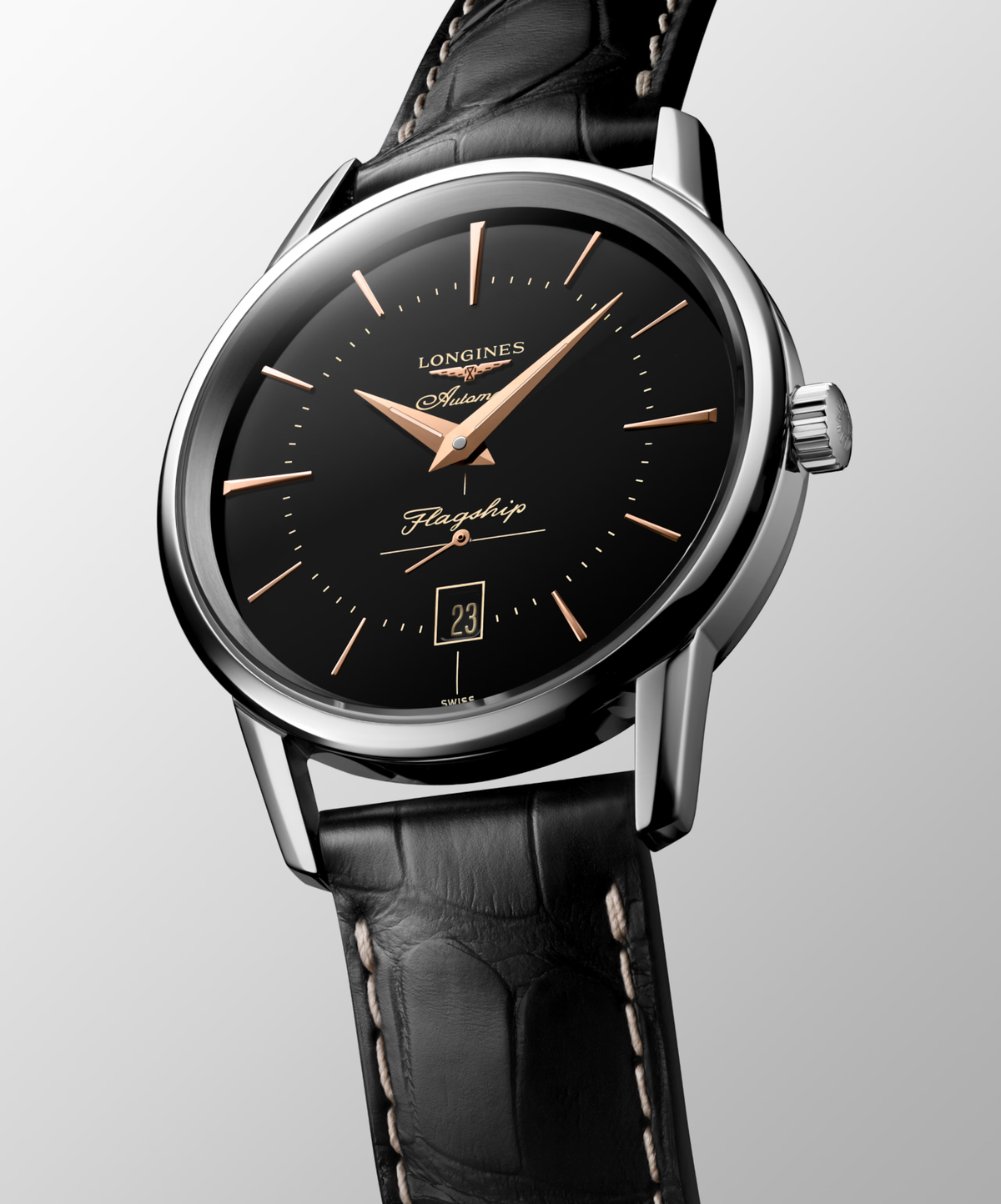 Longines Flagship Heritage 38.50mm Automatic Black Dial Black Alligator Strap Watch