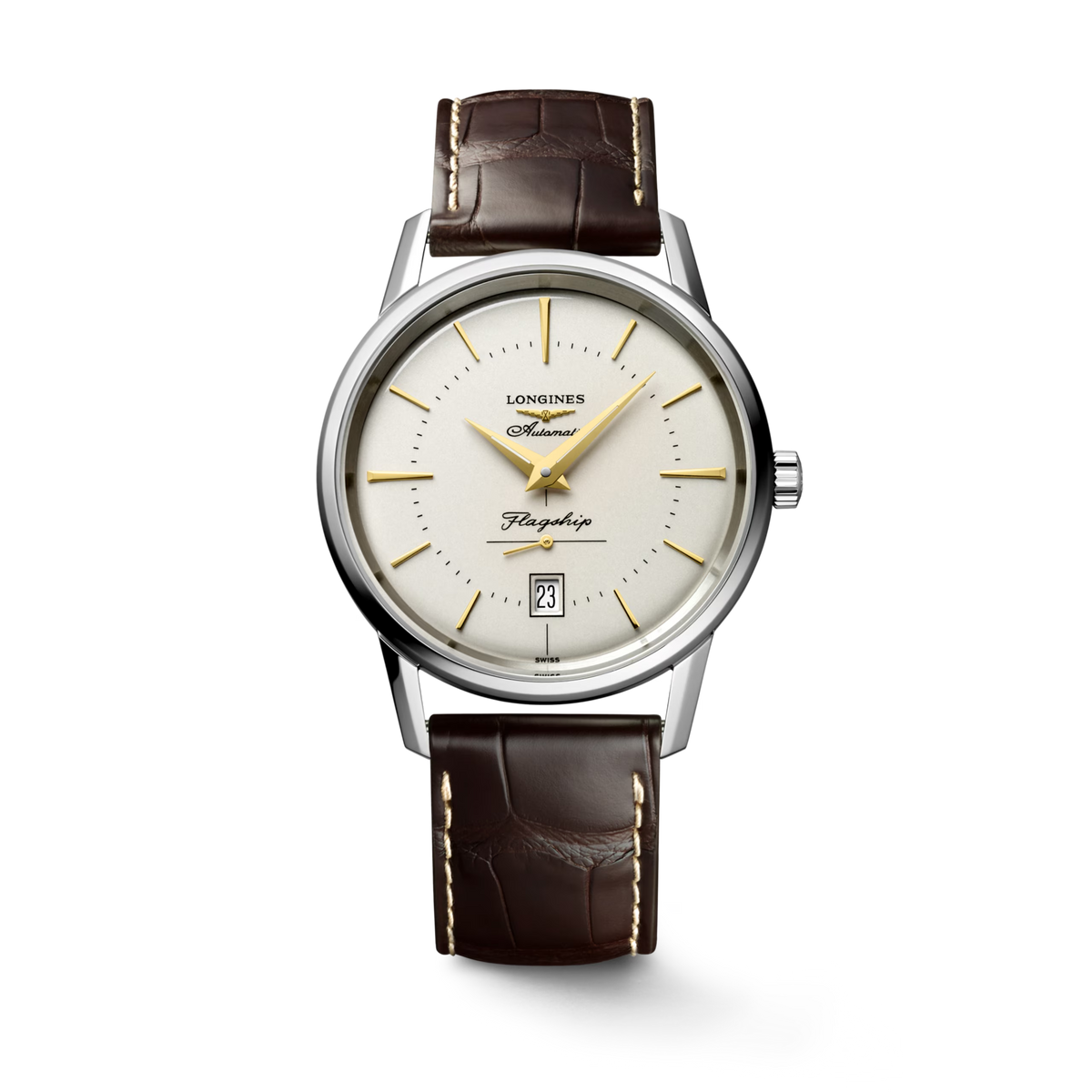 Longines Flagship Heritage 38.50mm Automatic Opaline Ivory Dial Brown Alligator Strap Watch