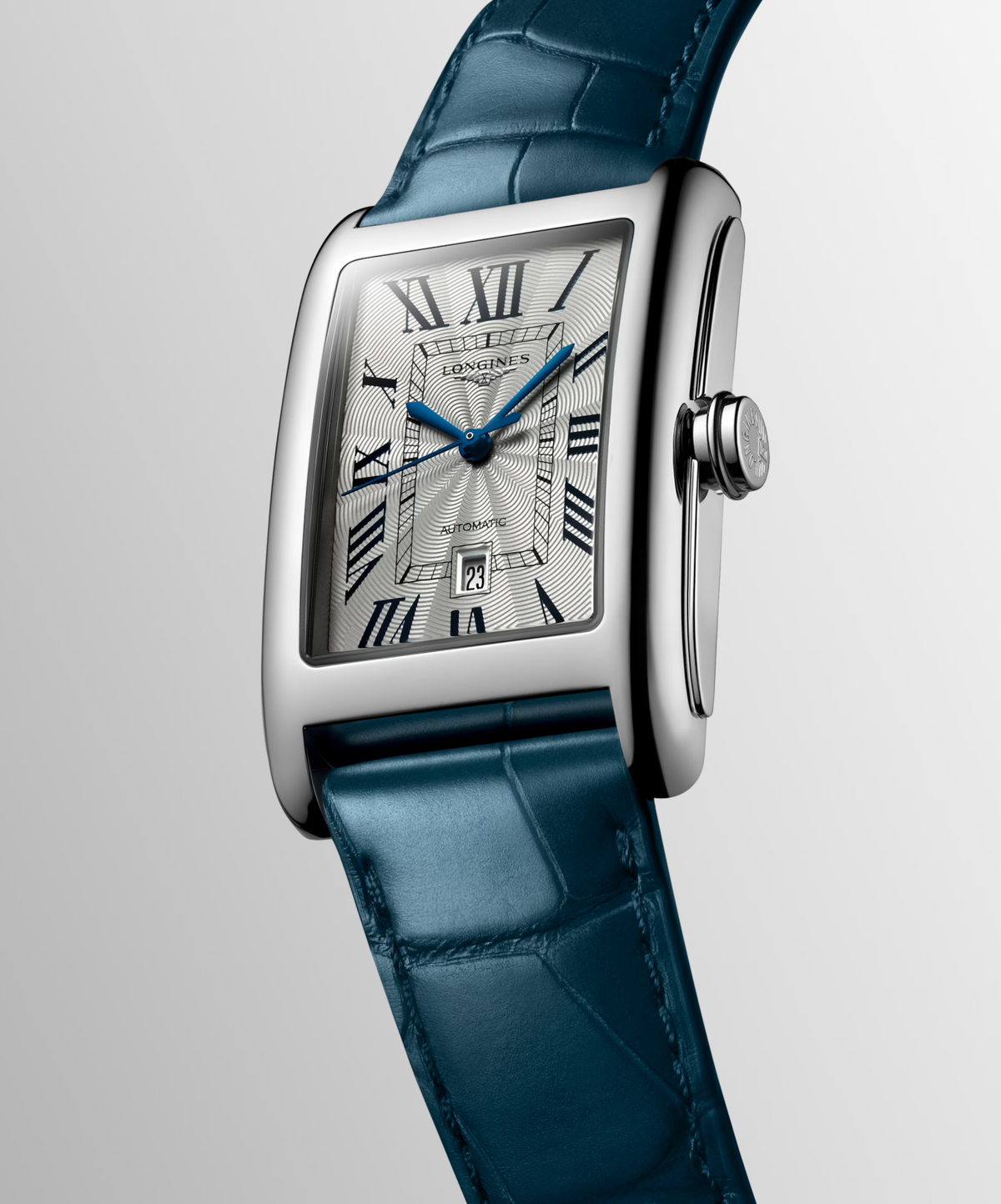Longines DolceVita 27.70 x 43.80mm Automatic Silver "flinqué" Dial Blue Alligator Strap Watch