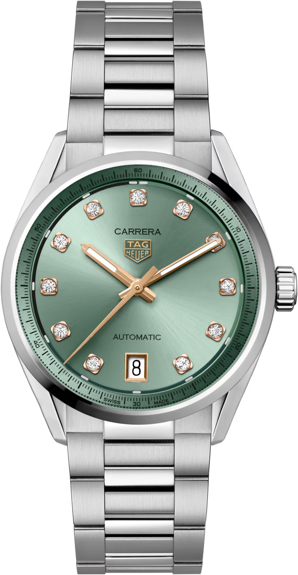 TAG Heuer Carrera 36mm Automatic Green Sunray brushed Dial Silver Steel Watch
