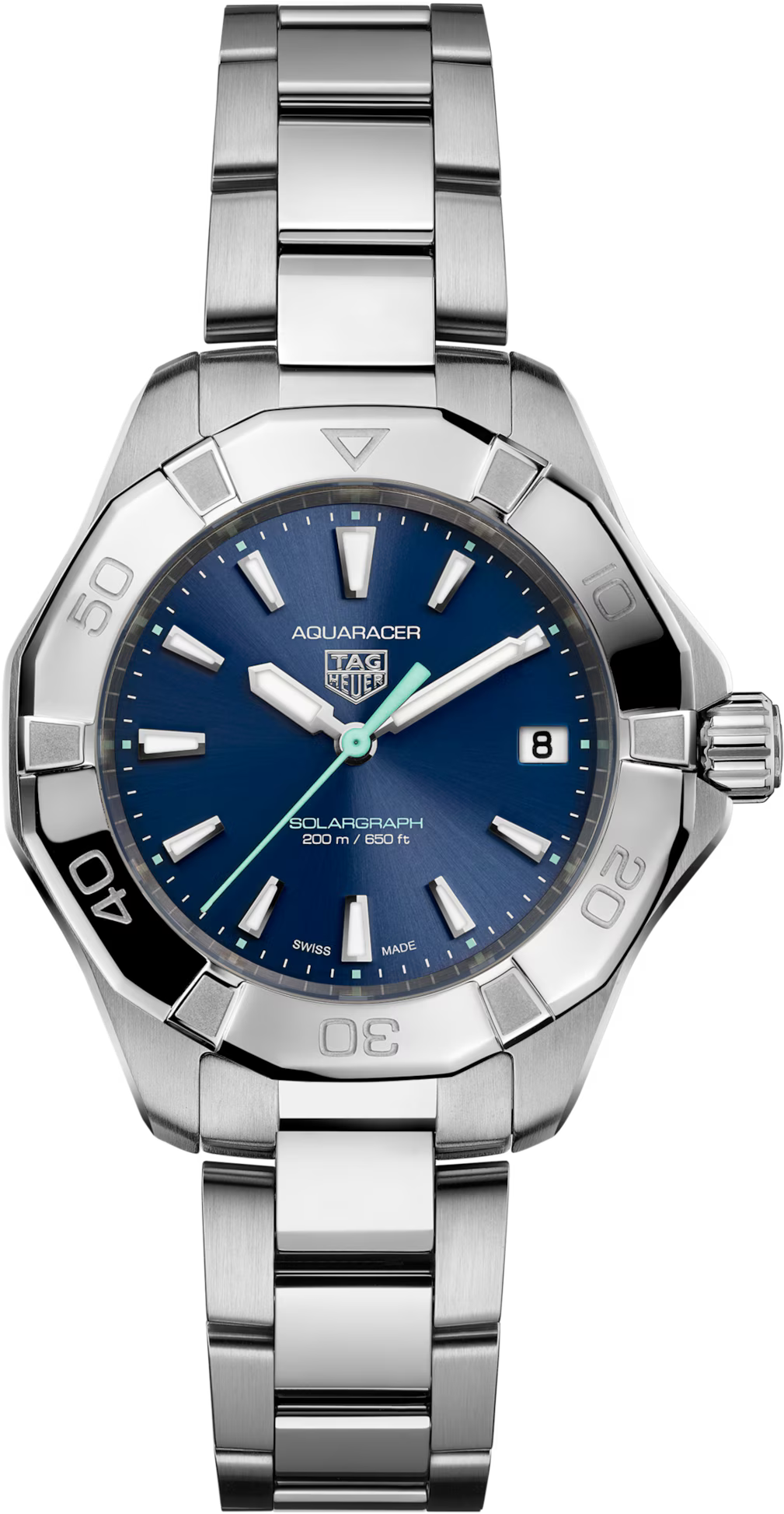 TAG Heuer Aquaracer 34mm Solargraph Blue Sunray brushed Applied Dial Silver Steel Watch