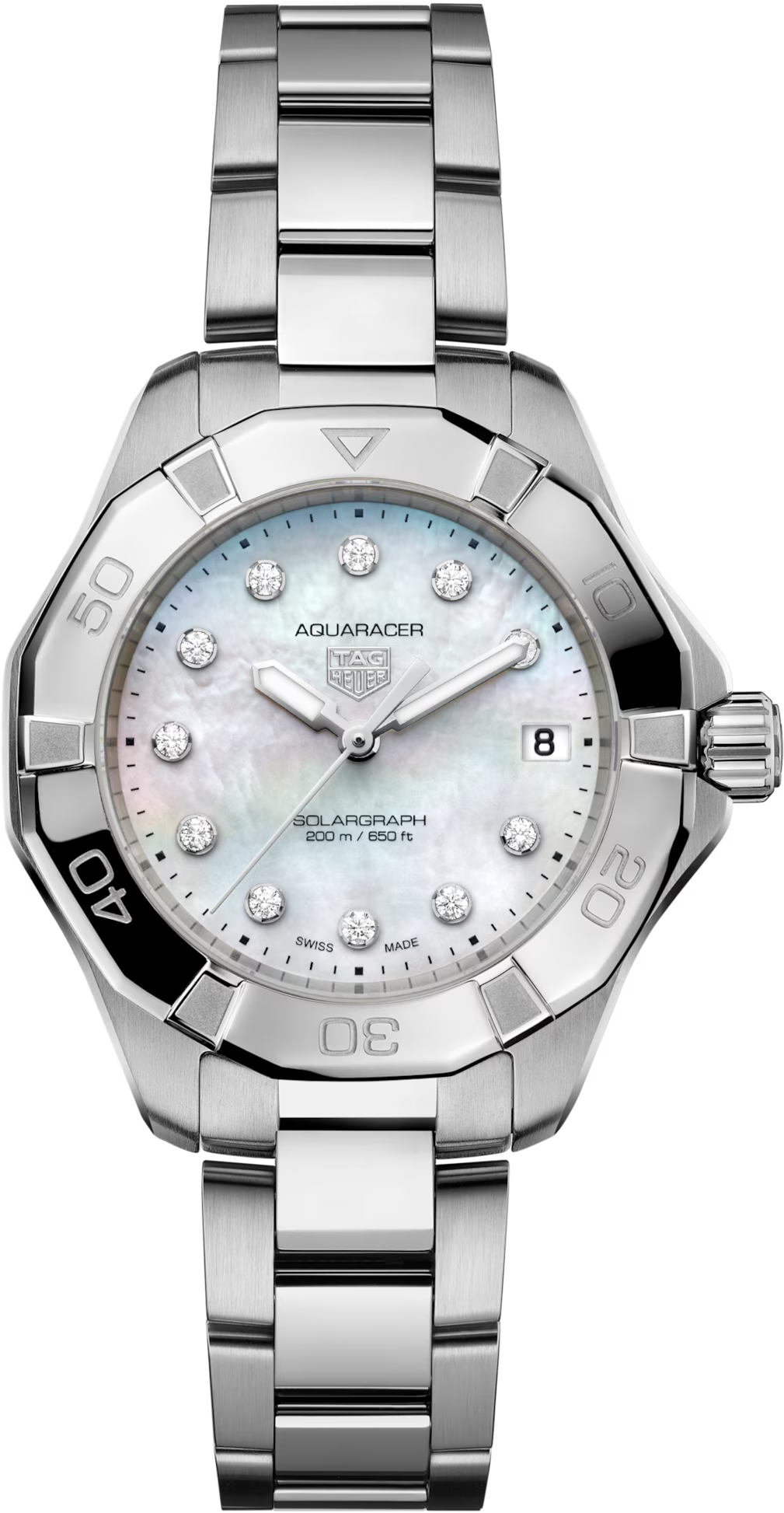 TAG Heuer Aquaracer 34mm Solargraph White Applied Dial Silver Steel Watch