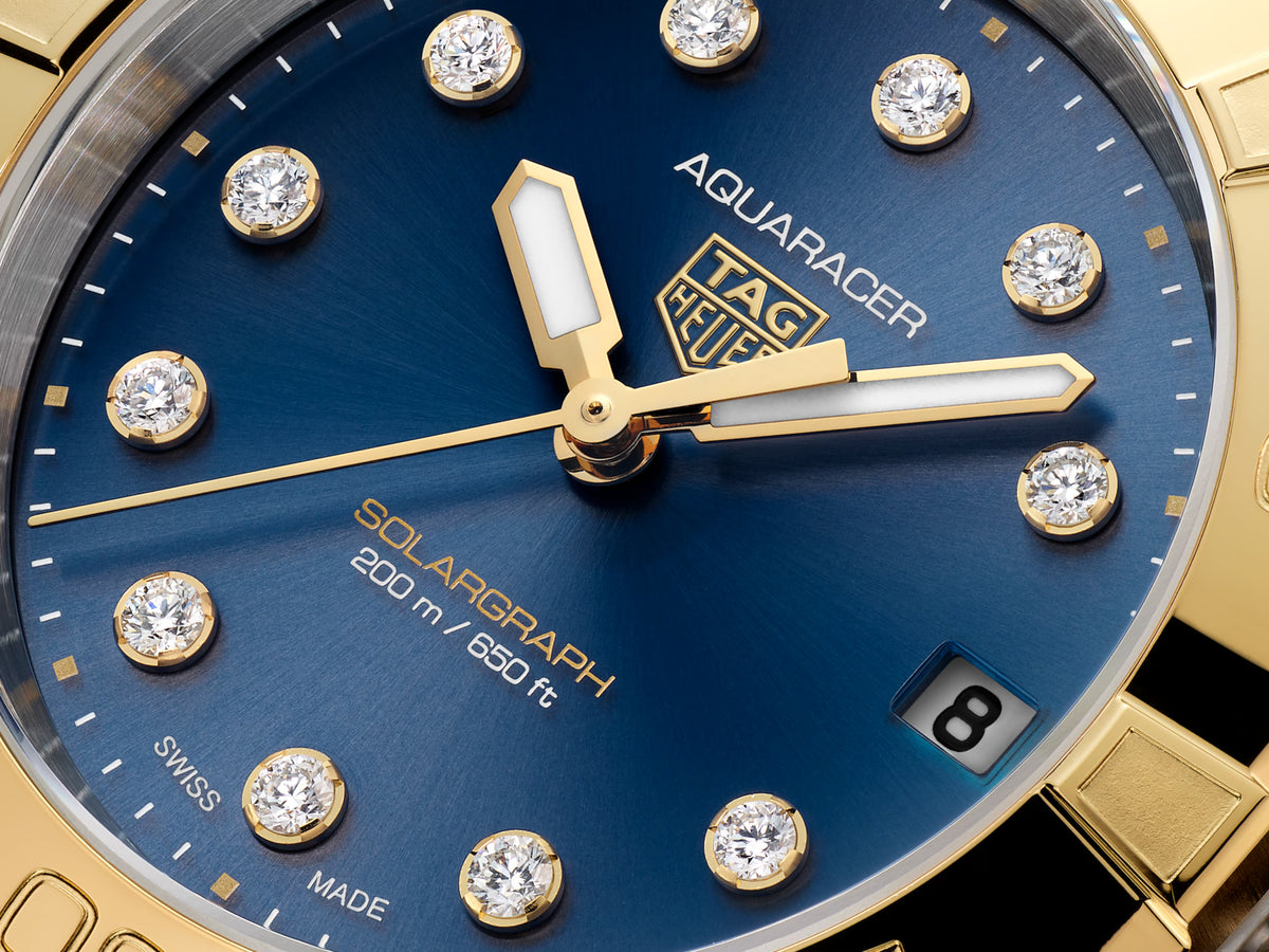 TAG Heuer Aquaracer 34mm Solargraph Blue Sunray brushed Dial Silver & gold Steel plated Watch