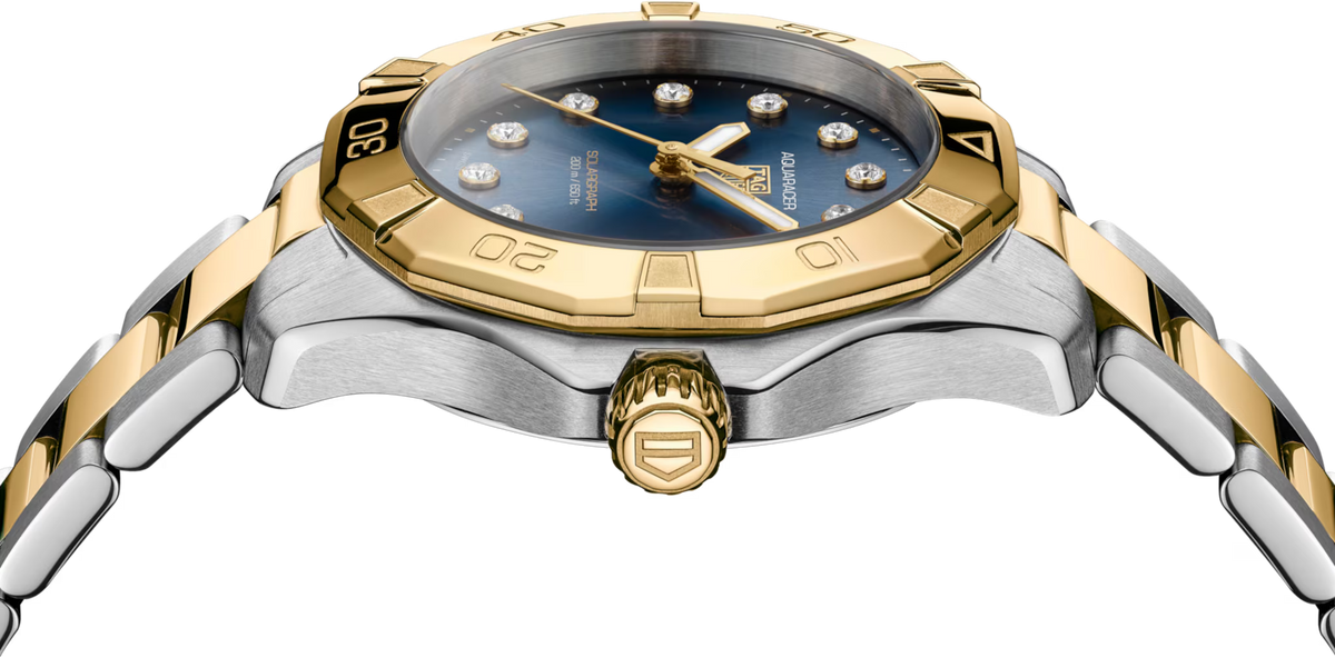 TAG Heuer Aquaracer 34mm Solargraph Blue Sunray brushed Dial Silver & gold Steel plated Watch
