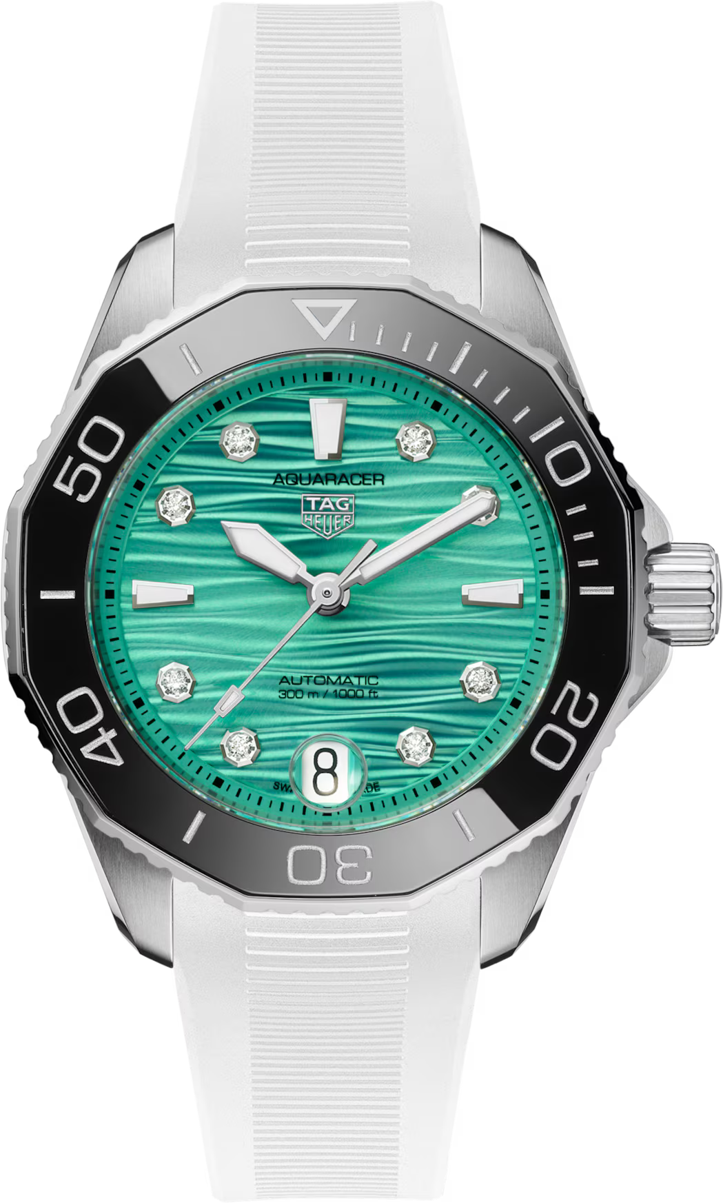 TAG Heuer Aquaracer 36mm Automatic Green Lacquered Dial White Rubber Watch