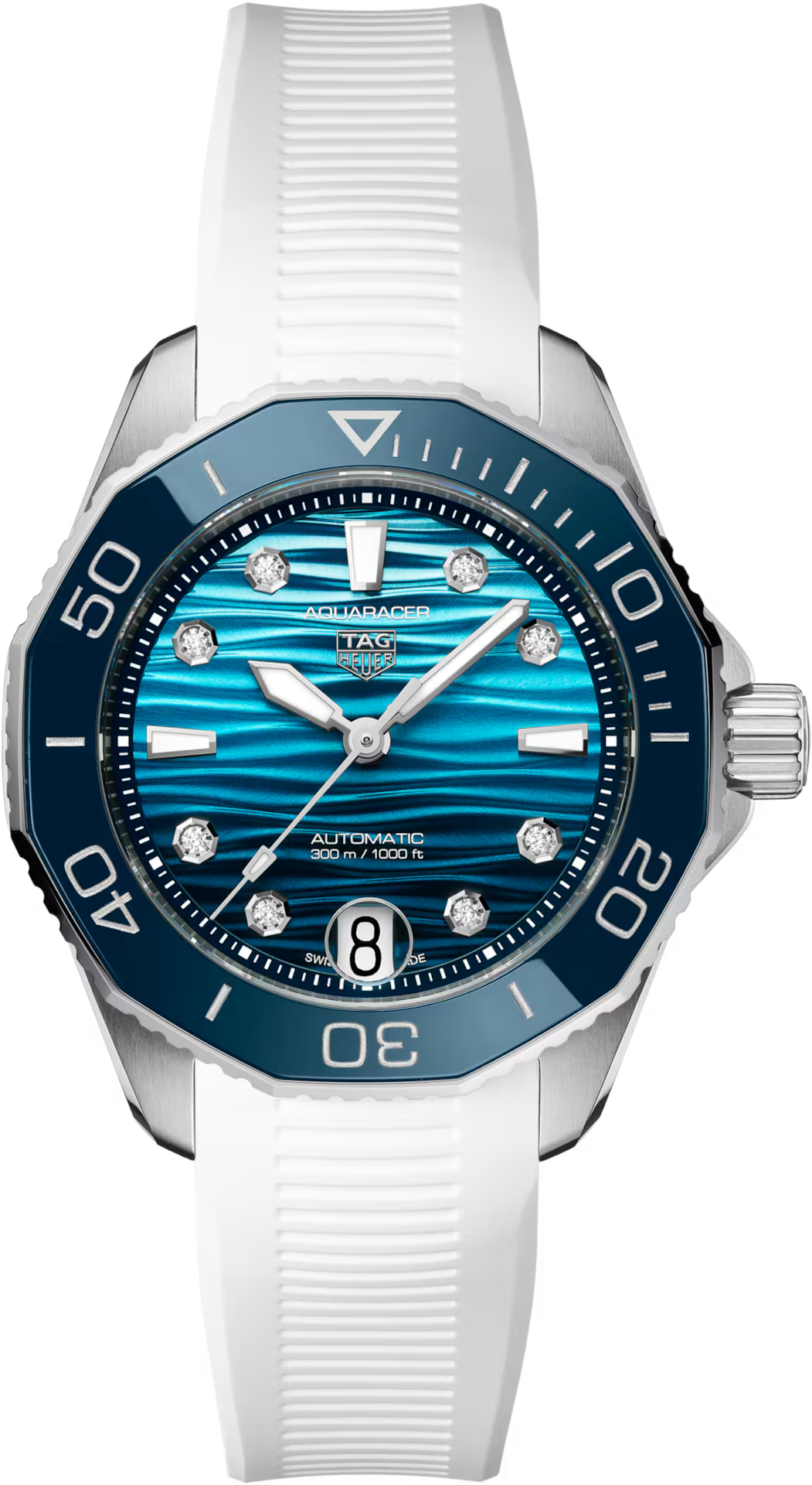 TAG Heuer Aquaracer 36mm Automatic Blue Sunray brushed Dial White Rubber Watch