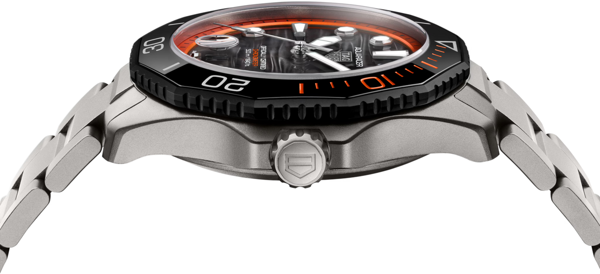 TAG Heuer Aquaracer 42mm Automatic Black & Orange Lacquered Dial Silver Titanium Watch