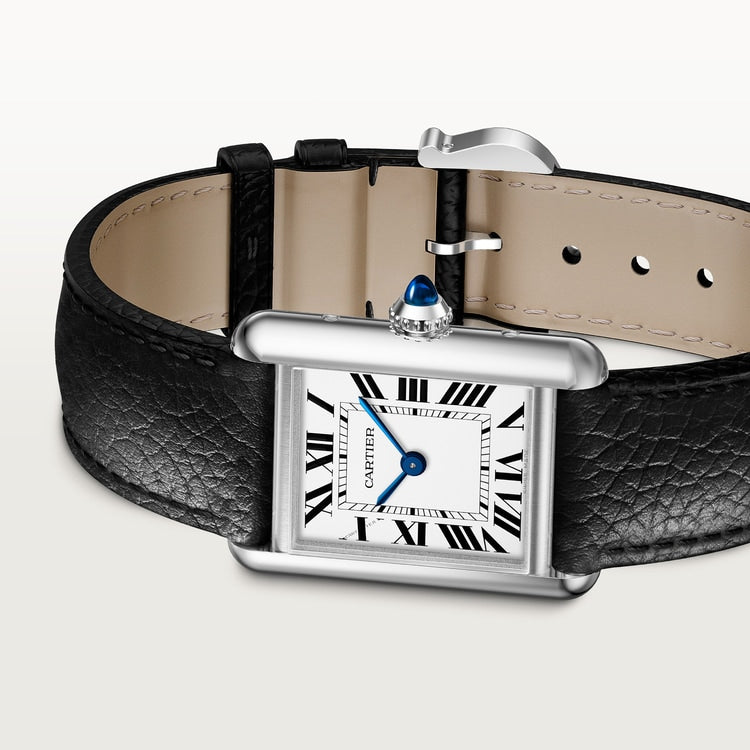 Cartier Tank 29.5 x 22.0mm Quartz silvered Dial Black Calfskin Leather Strap Watch
