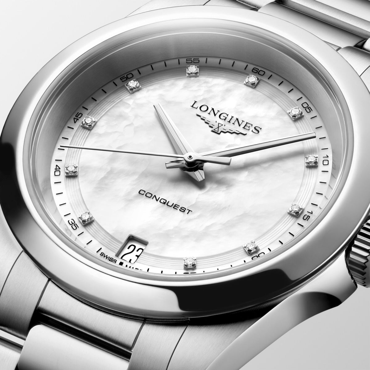 Longines Conquest 34.00mm Quartz White mother-of-pearl Dial Stainless Steel Bracelet Watch