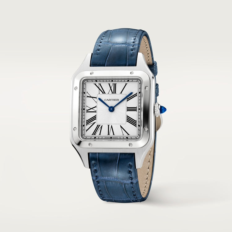 Cartier Santos 43.5 x 31.4mm Quartz silver Dial Blue Alligator and Leather Strap Watch