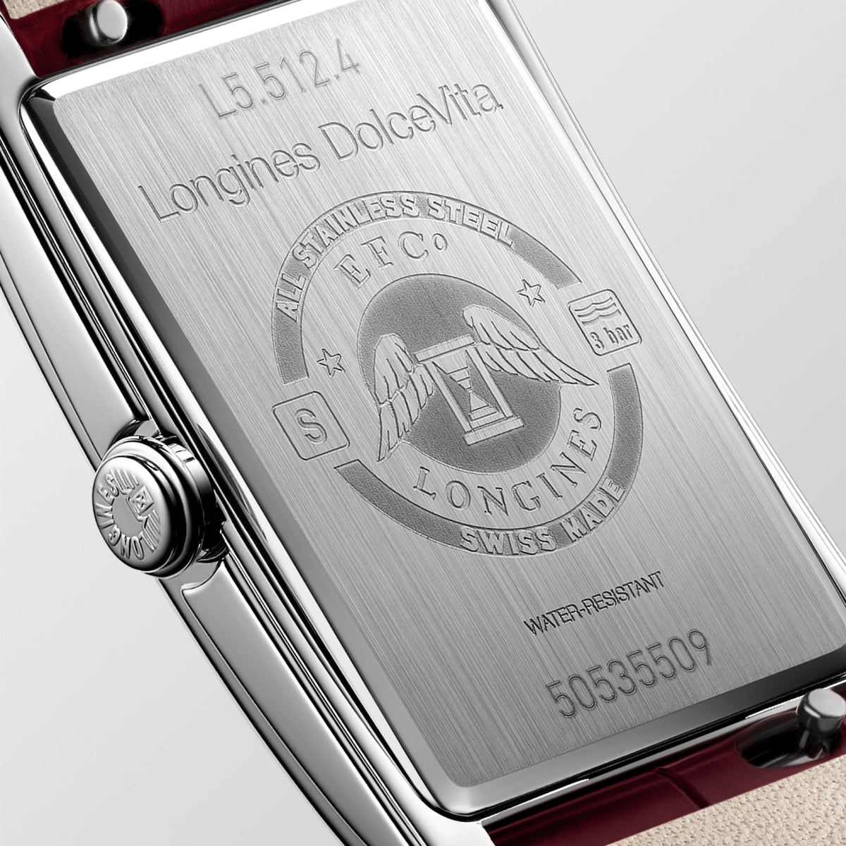 Longines DolceVita 23.30 x 37.00mm Quartz Ivory Rose "flinqué" Dial Maple Red Alligator Strap Watch