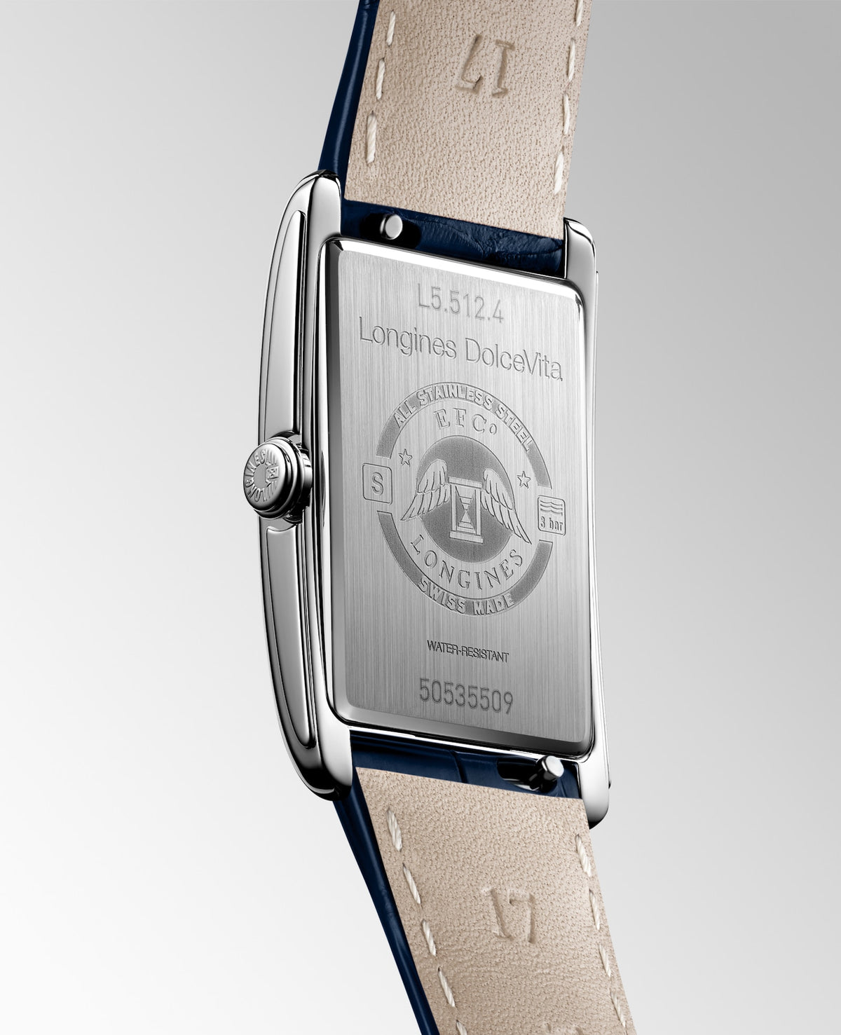 Longines DolceVita 23.30 x 37.00mm Quartz Silver "flinqué" Dial Midnight Blue Alligator Strap Watch