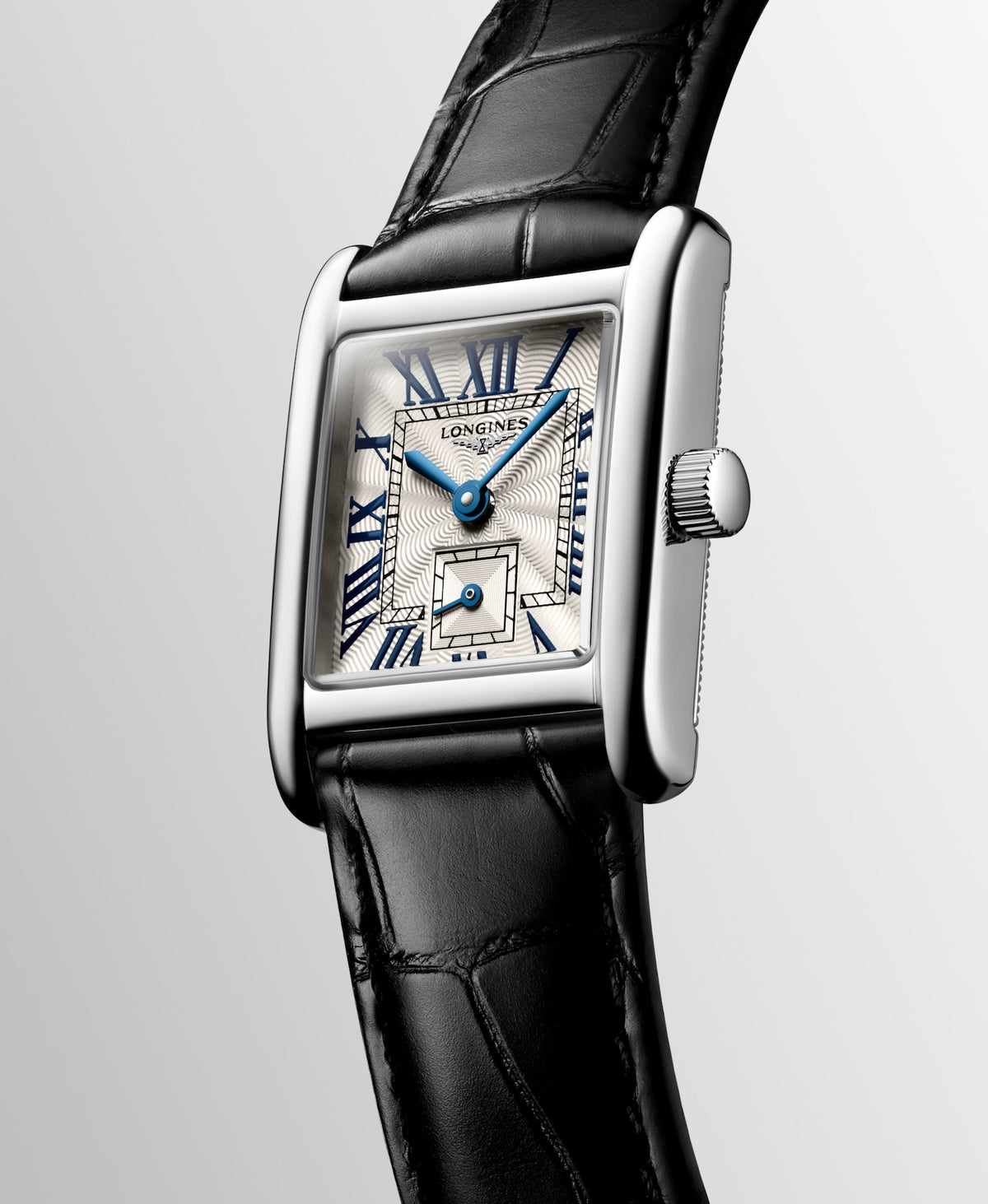 Longines Mini DolceVita 21.50 x 29.00mm Quartz Silver "flinqué" Dial Black Alligator Strap Watch