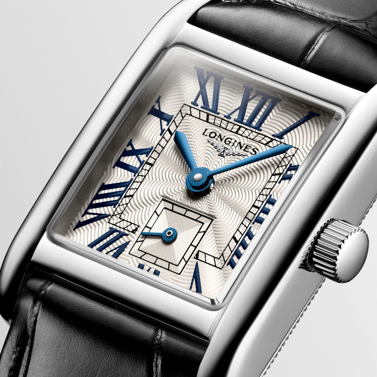 Longines Mini DolceVita 21.50 x 29.00mm Quartz Silver "flinqué" Dial Black Alligator Strap Watch