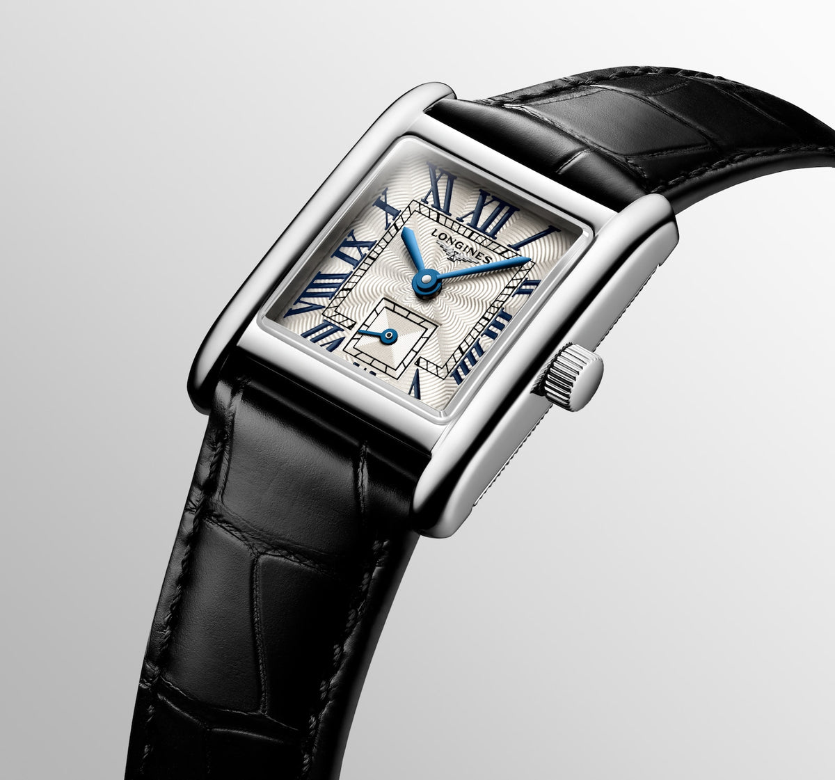 Longines Mini DolceVita 21.50 x 29.00mm Quartz Silver "flinqué" Dial Black Alligator Strap Watch
