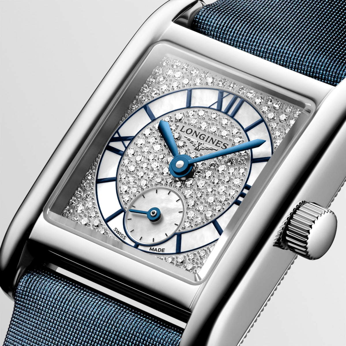 Longines Mini DolceVita 21.50 x 29.00mm Quartz Snow-set & White mother-of-pearl Dial Blue Leather Strap Watch