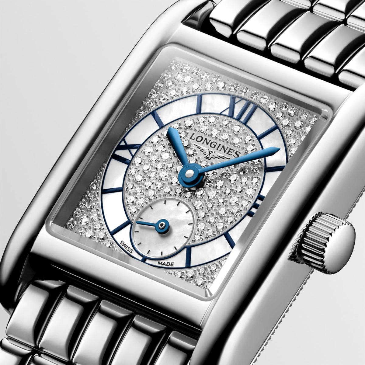Longines Mini DolceVita 21.50 x 29.00mm Quartz Snow-set & White mother-of-pearl Dial Stainless Steel Bracelet Watch