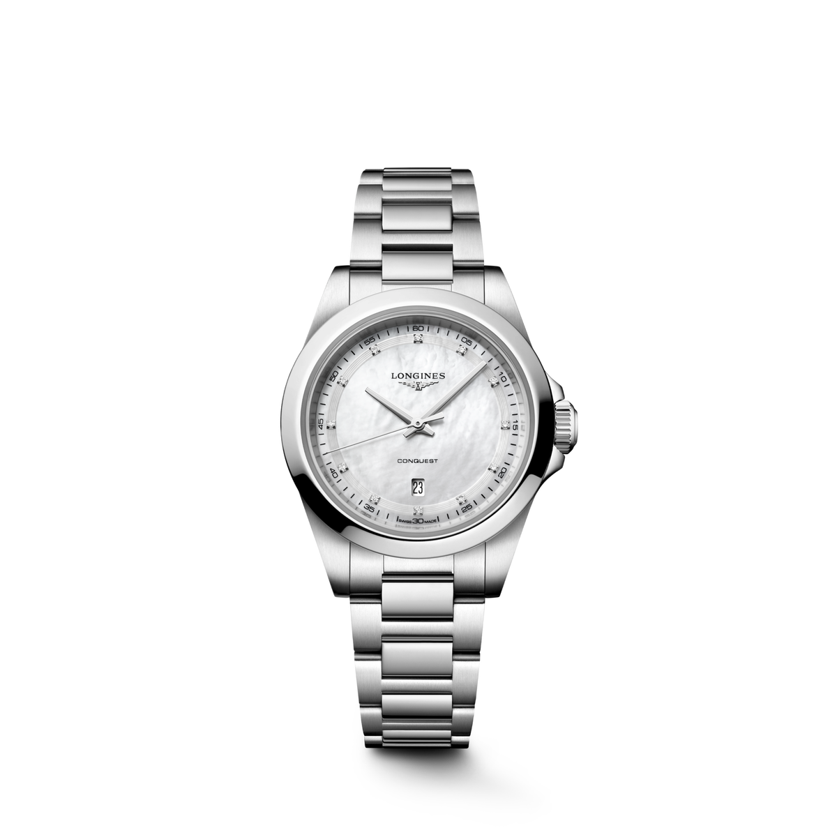 Longines Conquest 30.00mm Quartz White mother-of-pearl Dial Stainless Steel Bracelet Watch