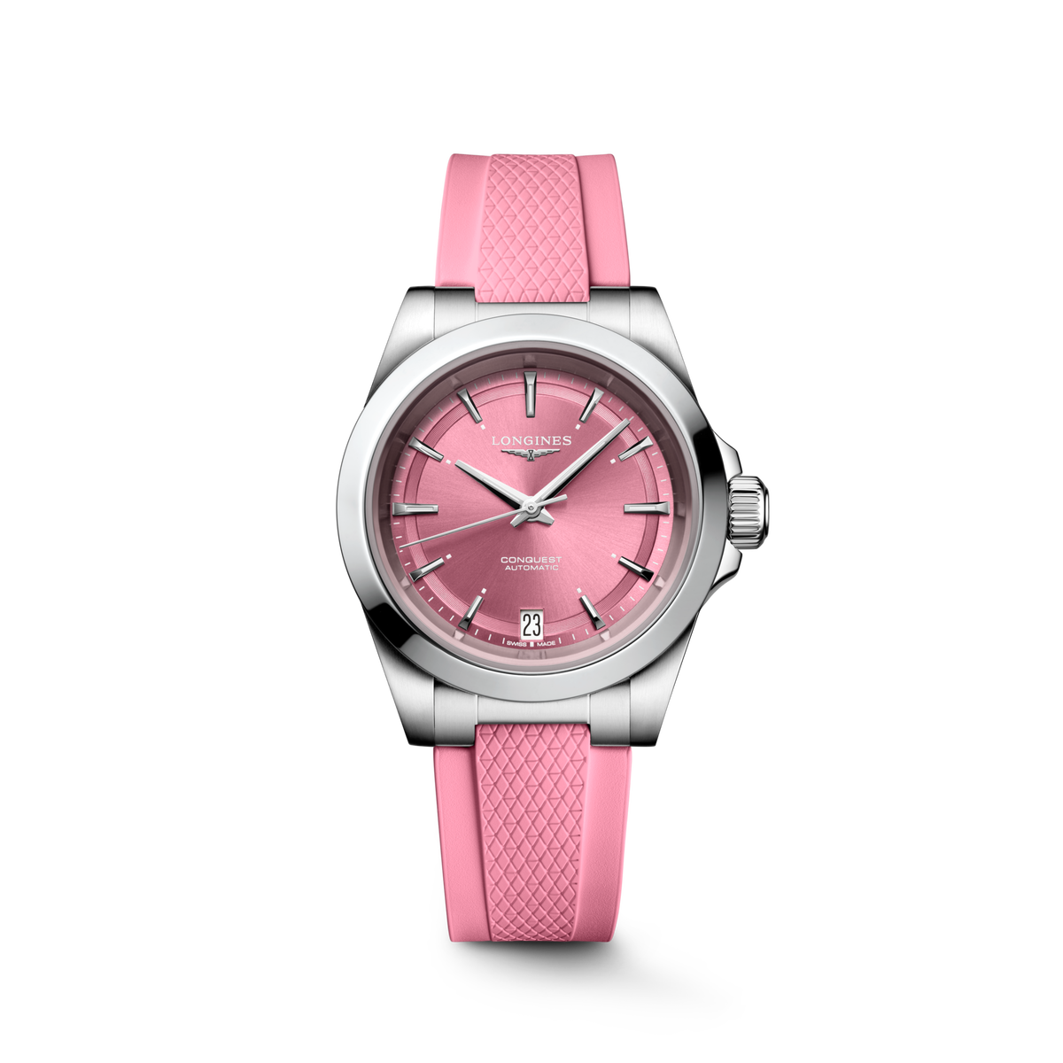 Longines Conquest 34.00mm Automatic Sunray pink Dial Pink Rubber Strap Watch