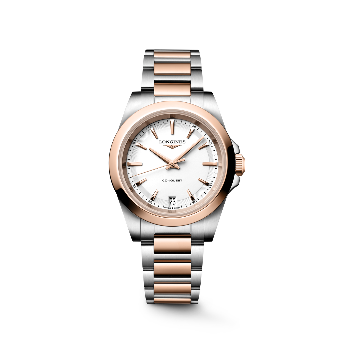 Longines Conquest 34.00mm Quartz White sandblasted Dial Red Stainless Steel Bracelet Watch