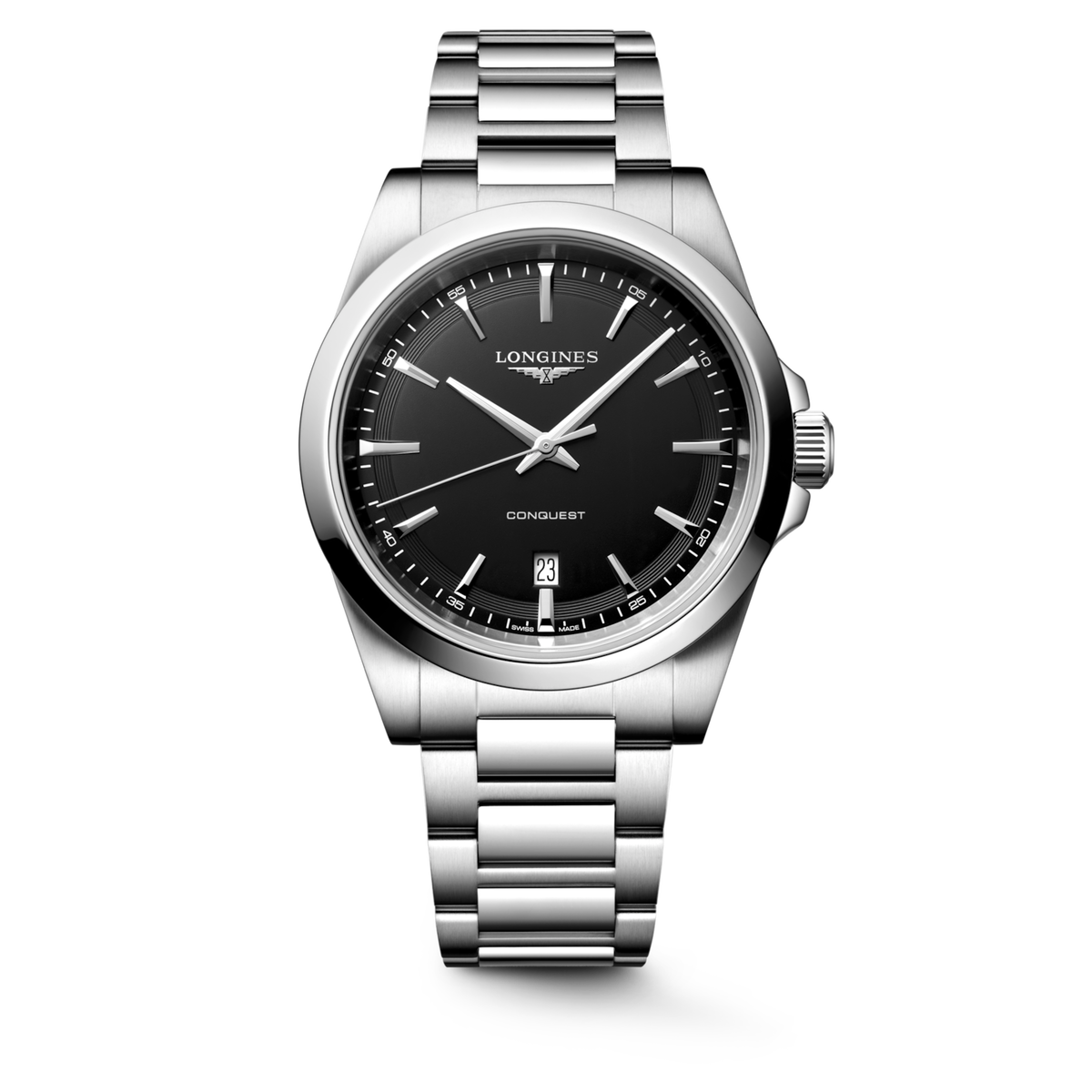 Longines Conquest 41.00mm Quartz Black sandblasted Dial Stainless Steel Bracelet Watch