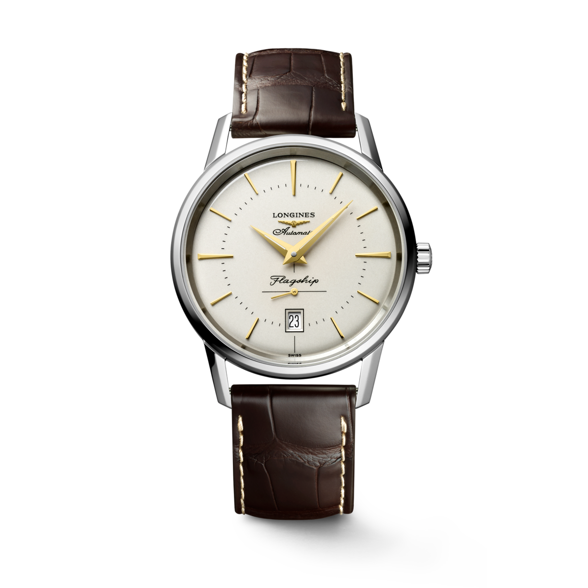 Longines Flagship Heritage 38.50mm Automatic Opaline Ivory Dial Brown Alligator Strap Watch