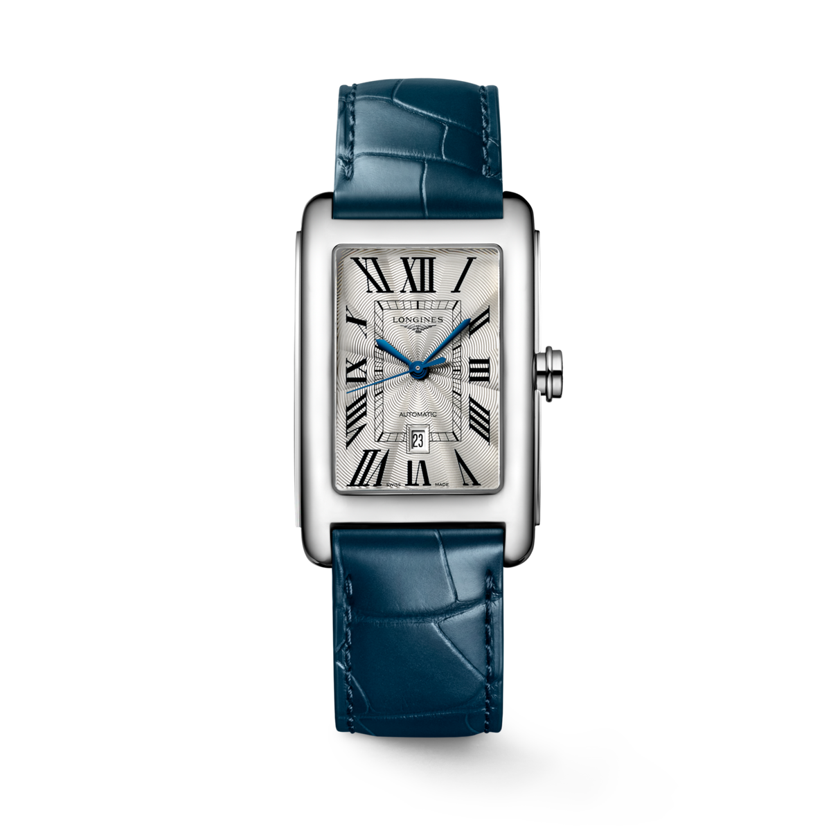 Longines DolceVita 27.70 x 43.80mm Automatic Silver "flinqué" Dial Blue Alligator Strap Watch