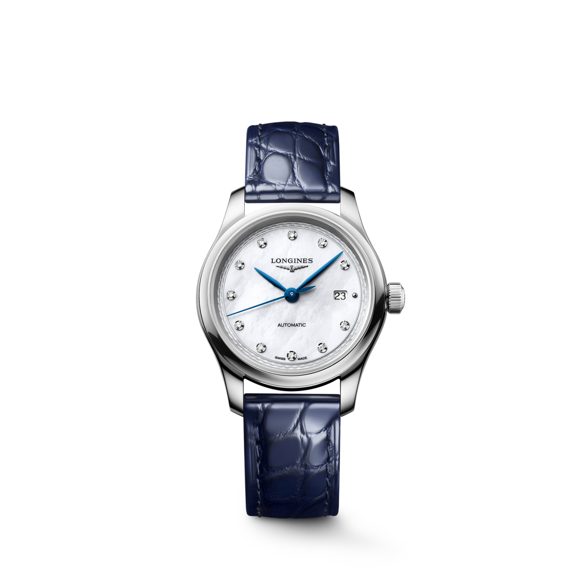 Longines Master Collection 30.00mm Automatic White mother-of-pearl Dial Blue Alligator Strap Watch