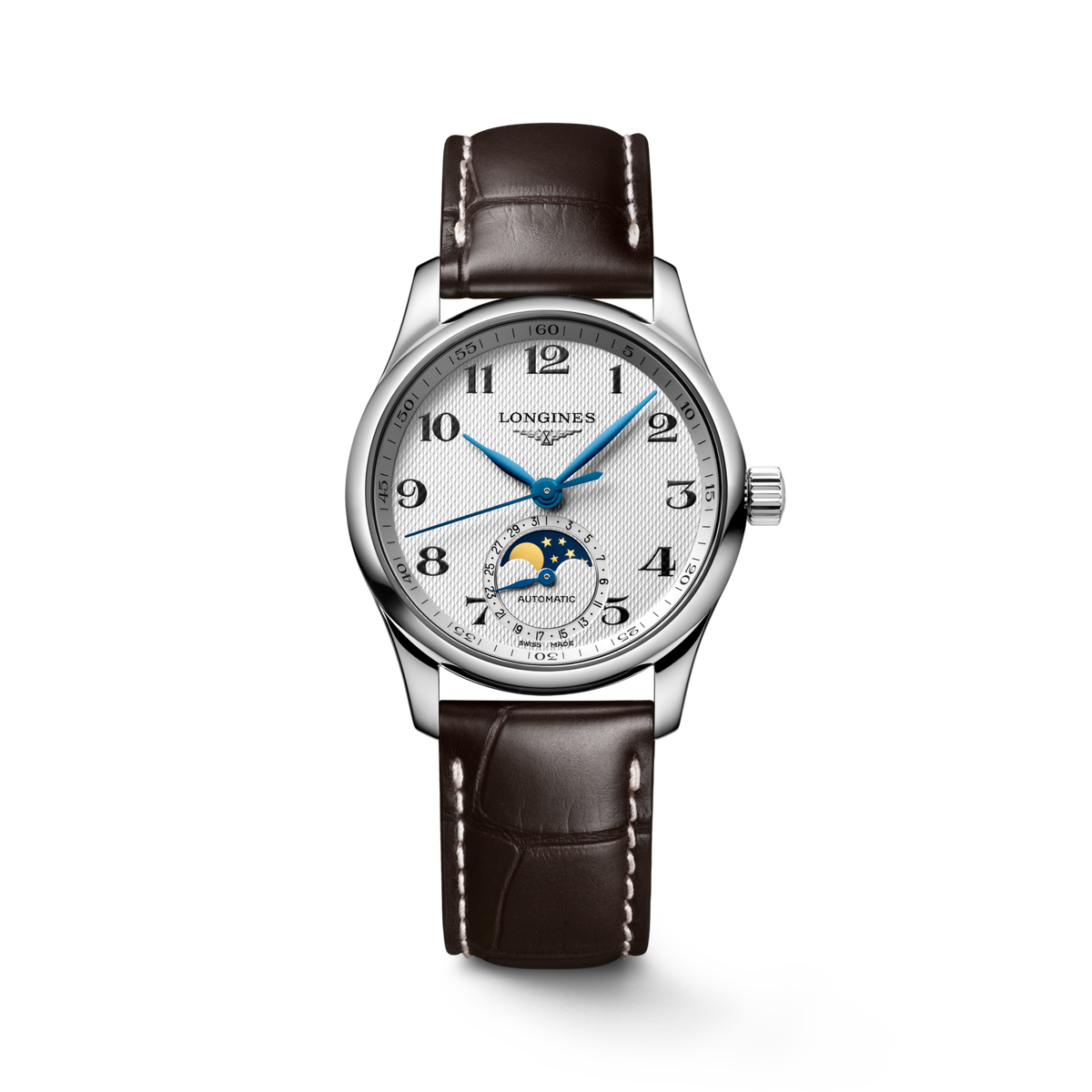 Longines Master Collection Moonphase 34.00mm Automatic Silver "barleycorn" Dial Brown Alligator Strap Watch