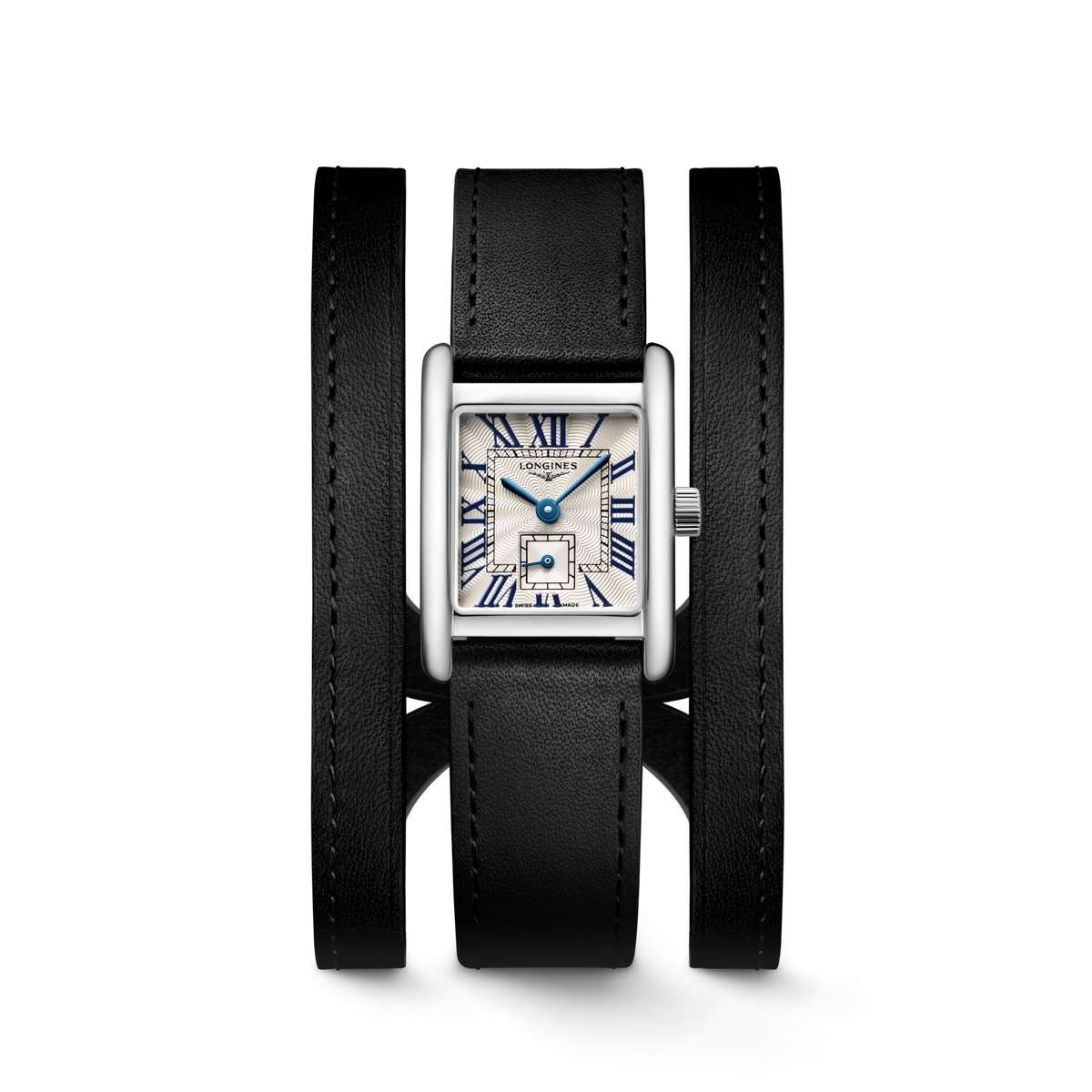 Longines Mini DolceVita 21.50 x 29.00mm Quartz Silver "flinqué" Dial Black Leather Strap Watch