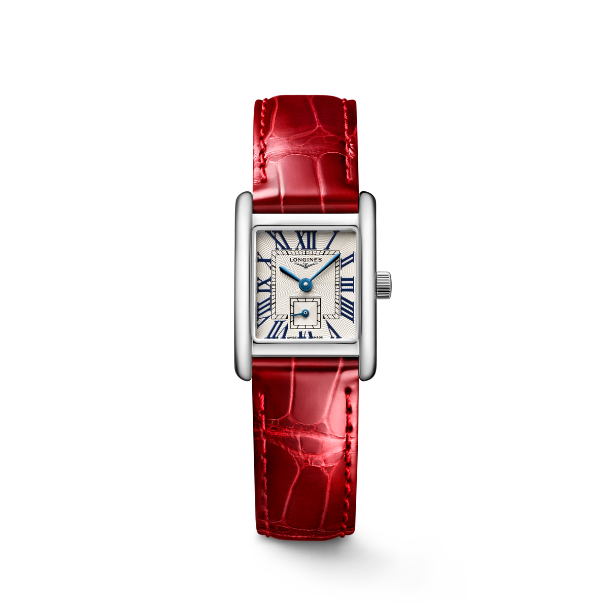 Longines Mini DolceVita 21.50 x 29.00mm Quartz Silver "flinqué" Dial Red Alligator Strap Watch