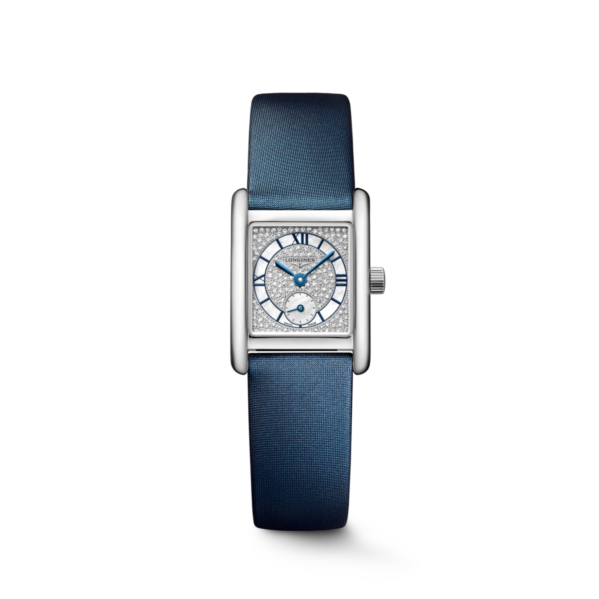 Longines Mini DolceVita 21.50 x 29.00mm Quartz Snow-set & White mother-of-pearl Dial Blue Leather Strap Watch