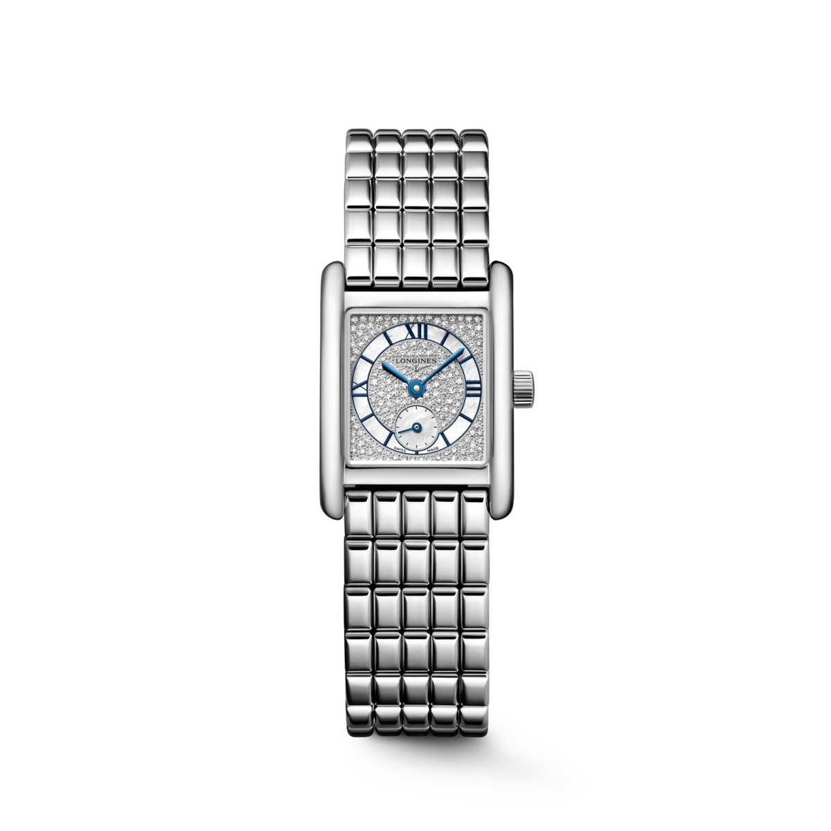 Longines Mini DolceVita 21.50 x 29.00mm Quartz Snow-set & White mother-of-pearl Dial Stainless Steel Bracelet Watch