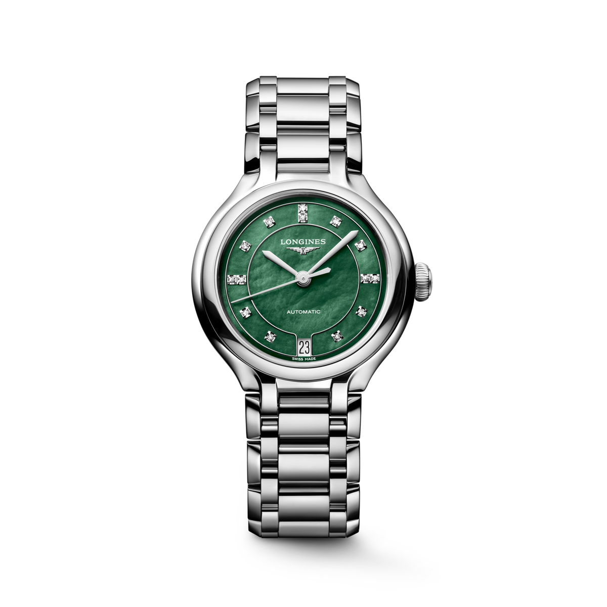 Longines PrimaLuna 34.00mm Automatic Vivid Green mother-of-pearl Dial Stainless Steel Bracelet Watch
