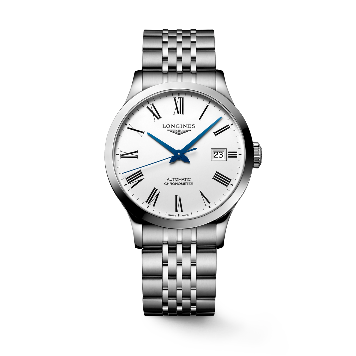 Longines Record 38.50mm Automatic White matt Dial Stainless Steel Bracelet Watch