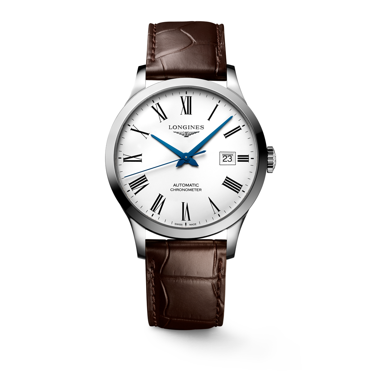 Longines Record 40.00mm Automatic White matt Dial Brown Alligator Strap Watch