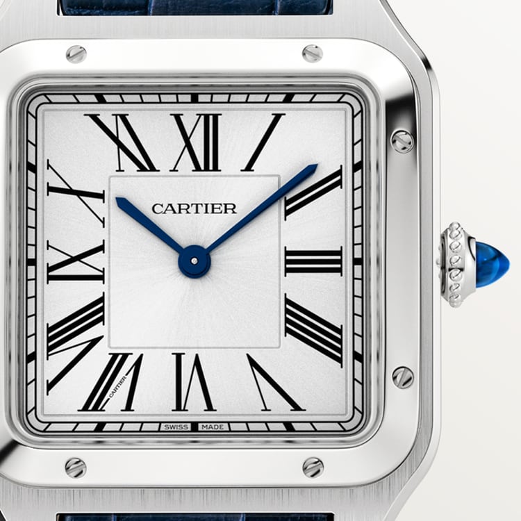 Cartier Santos 43.5 x 31.4mm Quartz silver Dial Blue Alligator and Leather Strap Watch