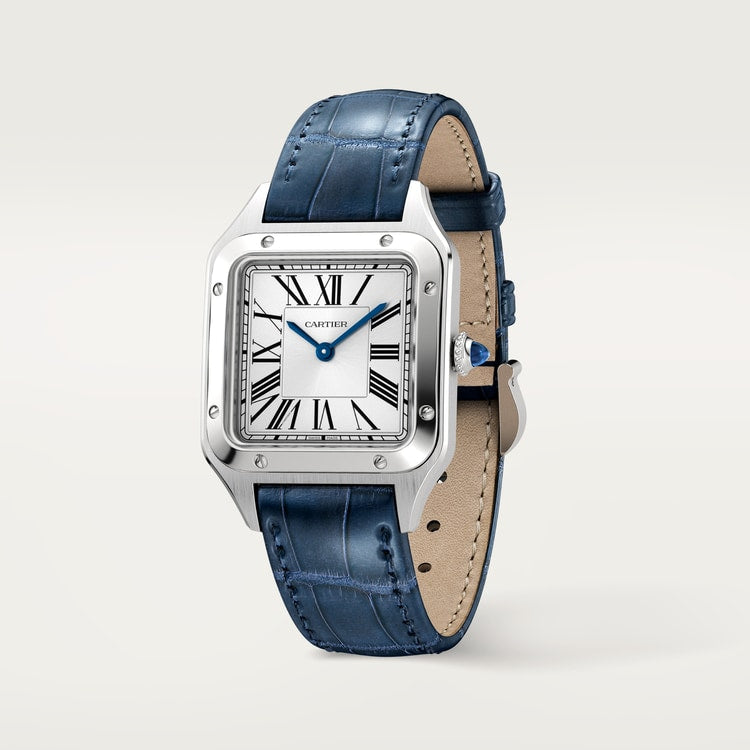Cartier Santos 38.0 x 27.5mm Quartz silver Dial Blue Alligator and Leather Strap Watch