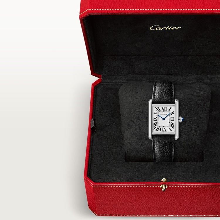Cartier Tank 33.7 x 25.5mm Quartz silvered Dial Black Calfskin Leather Strap Watch