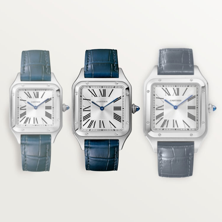 Cartier Santos 43.5 x 31.4mm Quartz silver Dial Blue Alligator and Leather Strap Watch