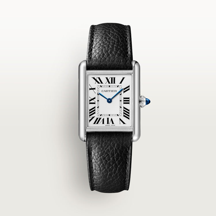 Cartier Tank 33.7 x 25.5mm Quartz silvered Dial Black Calfskin Leather Strap Watch