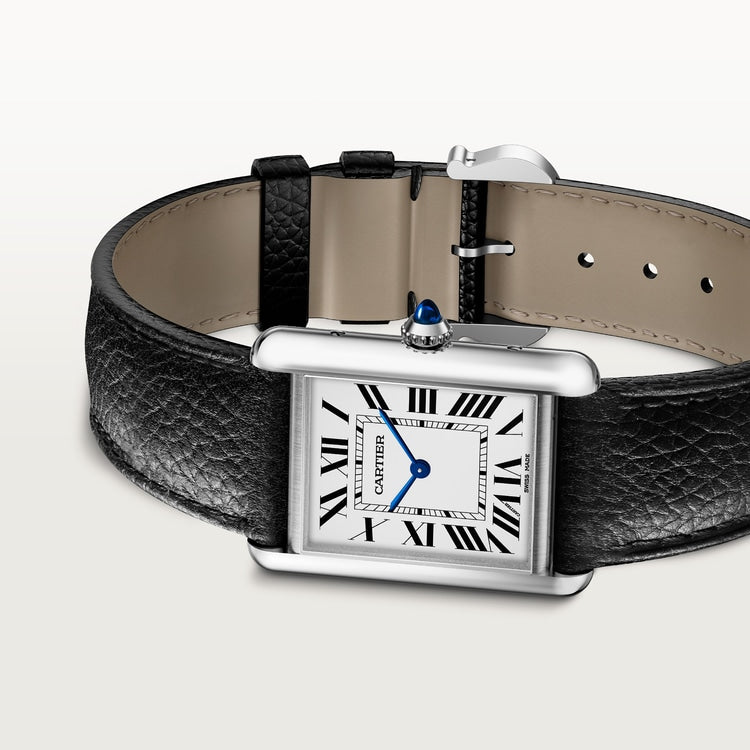 Cartier Tank 33.7 x 25.5mm Quartz silvered Dial Black Calfskin Leather Strap Watch