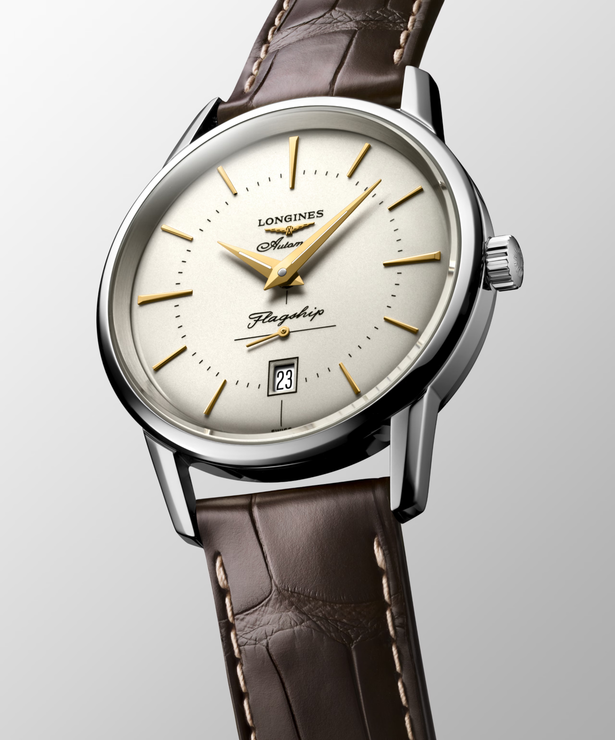 Longines Flagship Heritage 38.50mm Automatic Opaline Ivory Dial Brown Alligator Strap Watch