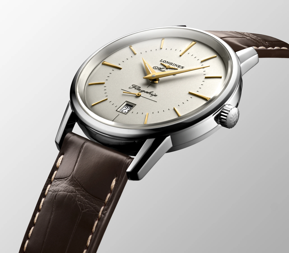 Longines Flagship Heritage 38.50mm Automatic Opaline Ivory Dial Brown Alligator Strap Watch