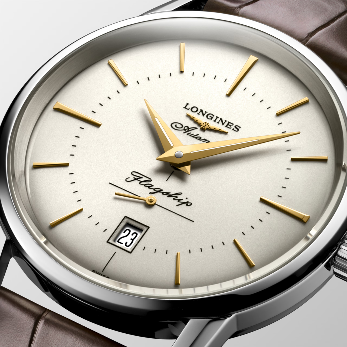 Longines Flagship Heritage 38.50mm Automatic Opaline Ivory Dial Brown Alligator Strap Watch